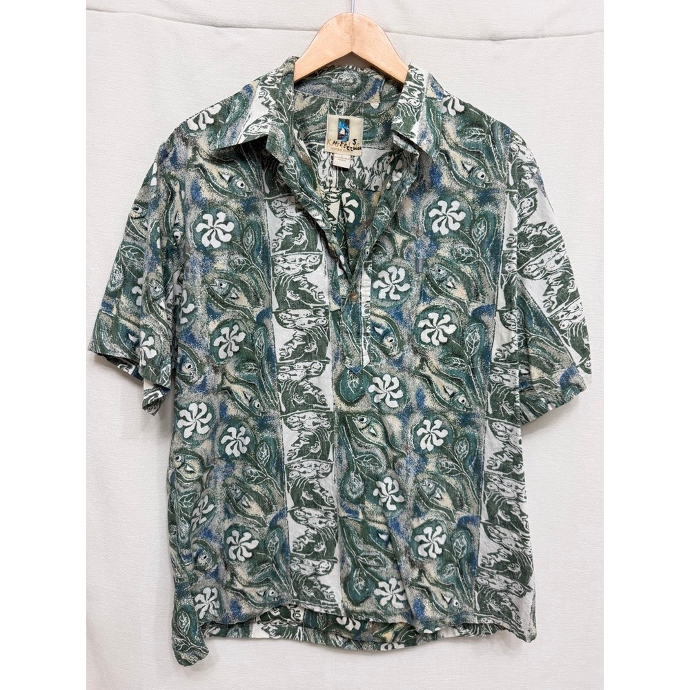 Kahala Hawaiian Islands Men Large Tunic Shirt Green Fish Floral Aloha Pullover